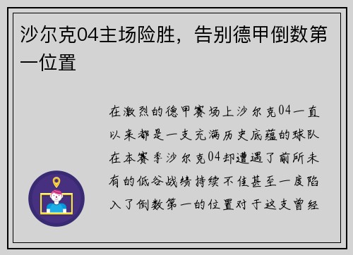 沙尔克04主场险胜，告别德甲倒数第一位置