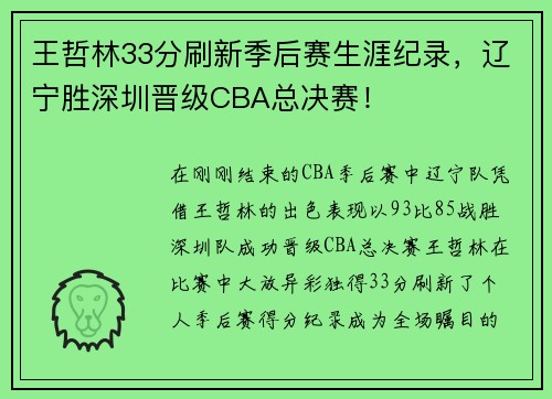 王哲林33分刷新季后赛生涯纪录，辽宁胜深圳晋级CBA总决赛！